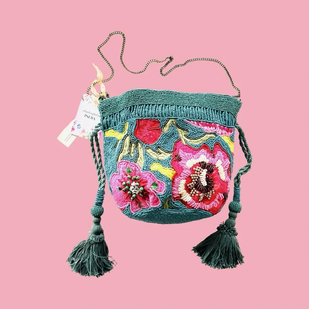 TikTok Viral India Beaded Bucket Bag Floral Embroidered Tassels Teal Crossbody